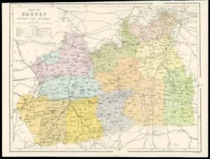 c1880 Original Antique Map of SURREY Showing the Hundreds by Virtue & Co