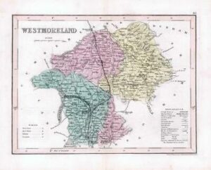 1860 - Original antique colour map of "WESTMORELAND" by Joshua Archer (39)