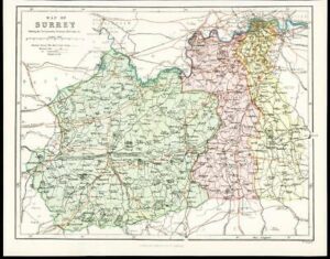 c1880 Original Antique Map of SURREY Railway Railroads by Virtue & Co