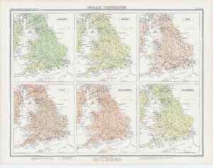 c1885 Large Map ENGLAND WALES AVERAGE TEMPERATURE May July Bartholomew (RA14)