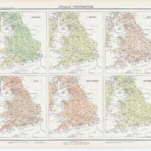 c1885 Large Map ENGLAND WALES AVERAGE TEMPERATURE May July Bartholomew (RA14)