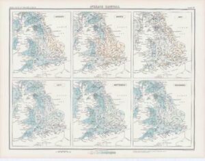 c1885 Large Map ENGLAND WALES AVERAGE RAINFALL April May June Bartholomew (RA15)