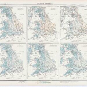 c1885 Large Map ENGLAND WALES AVERAGE RAINFALL April May June Bartholomew (RA15)
