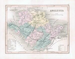 1860 - Original antique colour map of "ANGLESEA" in Wales by Joshua Archer