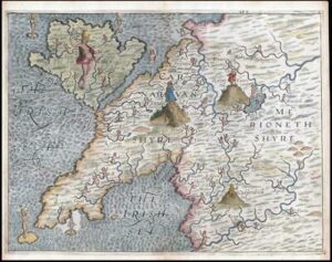 1612-1622 Michael Drayton Poly-Olbion Map of Caernarfon Merioneth Anglesea Wales