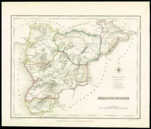 1845 Antique colour map of "MERIONETHSHIRE" Wales by LEWIS W/DW35