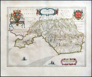 1659 Map of GLAMORGANSHIRE Wales GLAMORGANENSIS by Blaeu Spanish Edition (EB)
