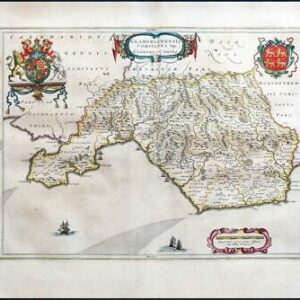 1659 Map of GLAMORGANSHIRE Wales GLAMORGANENSIS by Blaeu Spanish Edition (EB)