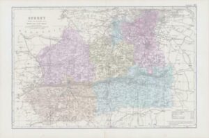1883 Large Map of SURREY Ordnance Survey by Bacon (BO38)