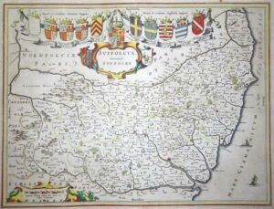 c1648 - Large Original Antique Map of SUFFOLK by J BLAEU Colour (LM4)