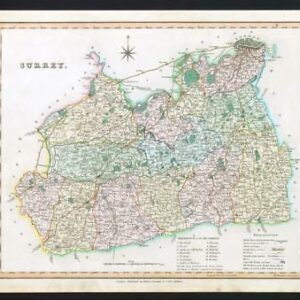 1831 - SURREY Original Antique LARGE COLOURED Map by HENRY TEESDALE