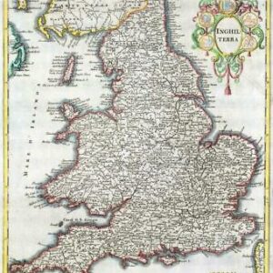 1743 Rare Map of England Inghilterra by Giambattista Albrizzi + cartouche (LM12)