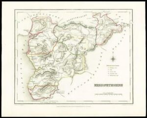 1845 Antique colour map of "MERIONETHSHIRE" Wales by LEWIS W/DW34