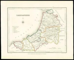 1845 Antique colour map of "CARDIGANSHIRE" Wales by LEWIS (W/DW64)
