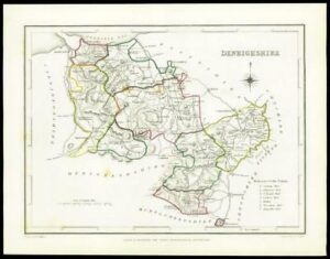 1845 Antique colour map of "DENBIGHSHIRE" Wales by LEWIS (W/DW51)