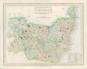 1833 Original Antique Colour Map of SUFFOLK by Chapman & Hall