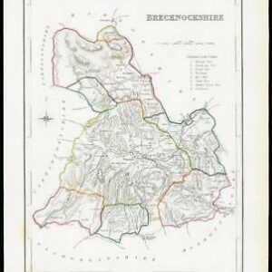 1845 Antique colour map of "BRECKNOCKSHIRE" Wales by LEWIS (W/DW80)