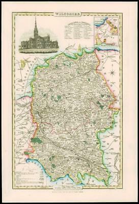 1846 - Original Antique Map of WILTSHIRE by Slater SALISBURY CATHEDRAL Colour