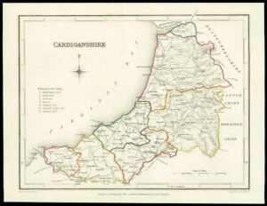 1845 Antique colour map of "CARDIGANSHIRE" Wales by LEWIS (W/DW58)