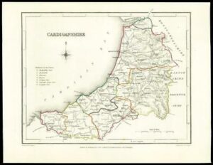 1845 Antique colour map of "CARDIGANSHIRE" Wales by LEWIS (W/DW63)