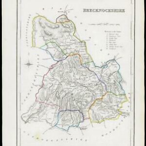 1845 WALES Original Colour Antique Map of BRECKNOCKSHIRE by Lewis & Co (LM)