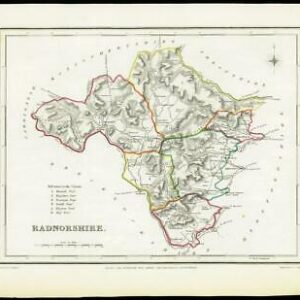 1845 WALES Original Colour Antique Map of RADNORSHIRE by Lewis & Co (LM)