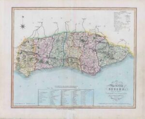 1833 Large Engraved Map of SUSSEX William by Ebden Duncan Original Colour (DUK4)