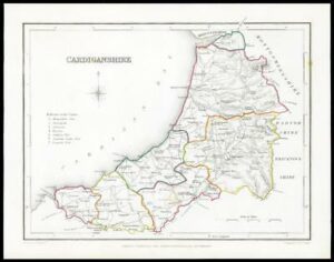1845 Antique colour map of "CARDIGANSHIRE" Wales by LEWIS (W/DW79)
