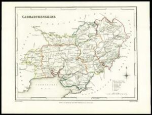 1845 Antique colour map of "CARMARTHENSHIRE" Wales by LEWIS (W/DW74)