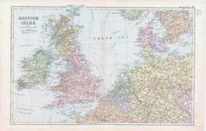 1893 Antique Map BRITISH ISLES CONNECTION WITH CONTINENT France Denmark  (BPA12)