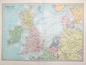1883 Large Original Antique Colour Map of BRITISH ISLES & North Sea (PHA)