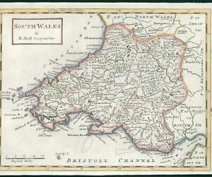 1733 - Rare Antique Map of SOUTH WALES by Herman Moll hand coloured (26)
