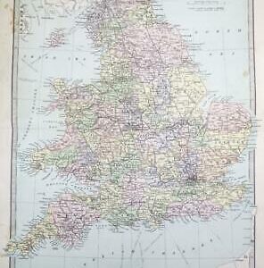 1883 Large Original Antique Colour Map of ENGLAND & WALES  (PHA)