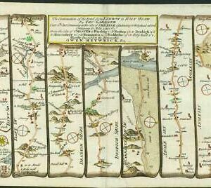1719 Antique Road Map - LONDON to HOLYHEAD Chester Denbigh Anglesea (LM6)