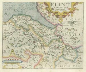 1637 Original Antique Map - FLINT FLINTSHIRE WALES by SAXTON / KIP Colour (KW)