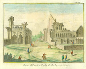 1743 Scotland Very early engraving of DRYBURGH ABBEY River Tweed (IL18)