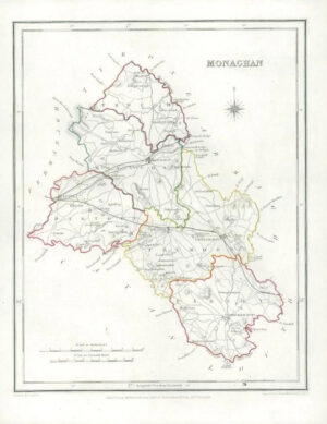 1845 IRELAND - Original Antique Map of MONAGHAN by Lewis with outline colour
