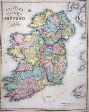 1845 Very Large Original Antique Map - I SLATER'S NEW MAP OF IRELAND (LM18)