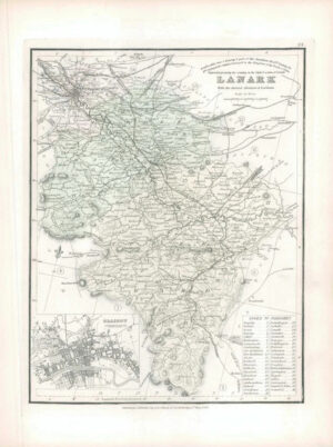 1847 Original Antique Map of LANARK VIGNETTE VIEW OF GLASGOW in Scotland (SB14)