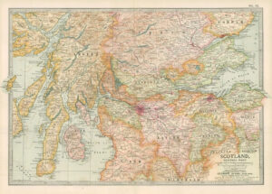 1903  Large Colour Map SCOTLAND Central Part, Glasgow Dundee Leith Perth (EB14)