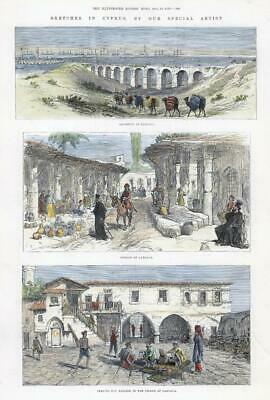 1878 Large Antique Colour Print - CYPRUS Aquaduct LARNACA Bazaar Military (CC36)