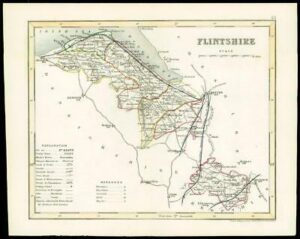 c1860 Antique colour map of "FLINTSHIRE" Wales by Joshua ARCHER (W/DW44)