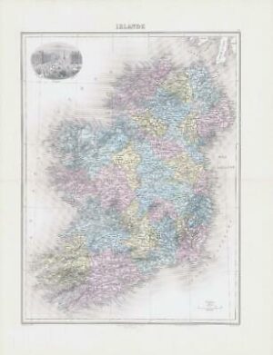 1892 Large Colour Antique Map of IRLANDE Ireland Vignette View Dublin (NAI/28)