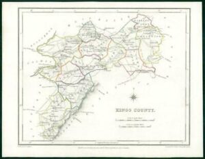 1845 IRELAND - Original Antique Map of KINGS COUNTY by Lewis with outline colour