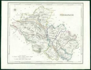 1845 IRELAND - Original Antique Map of FERMANAGH by Lewis with outline colour