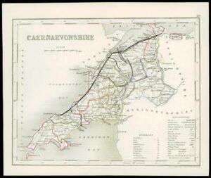 c1860 Antique colour map "CAENARFONSHIRE" Wales by Joshua ARCHER (W/DW76)
