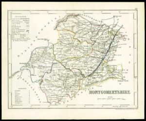 c1860 Antique colour map of "MONTGOMERYSHIRE" Montgomery Wales by ARCHER W/DW20