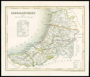 c1860 Antique colour map of "CARDIGANSHIRE" Wales by Joshua ARCHER (W/DW60)