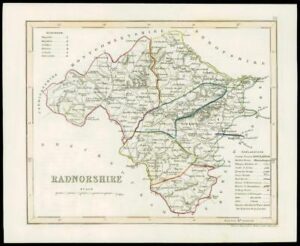 c1860 Original antique colour map of "RADNORSHIRE" Wales by JOSHUA ARCHER (W/DW7)