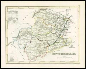 c1860 Antique colour map of "MONTGOMERYSHIRE" Montgomery Wales by ARCHER W/DW17